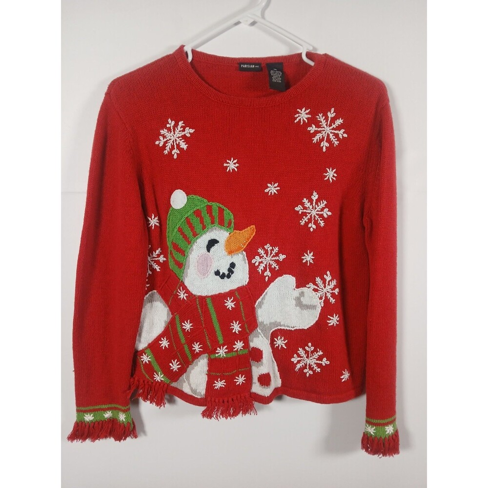 Vintage Christmas Sweater Size 14 Embroidered Snowman Sequin Fringe Accent EUC